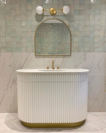 Bathroom Trends 2021 green and white bathroom with fluted vanity unit