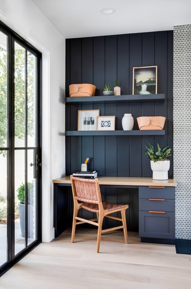 navy blue office with earth tone accents