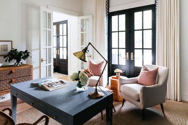 traditional home office with greek key curtains