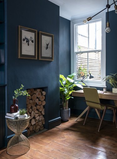 blue home office with green plants and wood floors