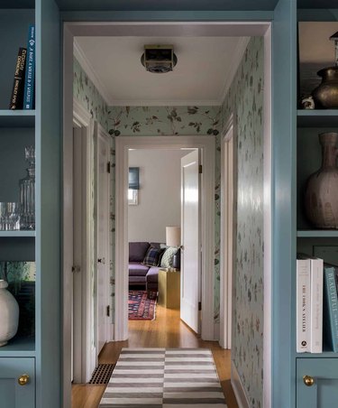 Hallway Wallpaper Ideas in hallway with mint green wallpaper and white ceilings