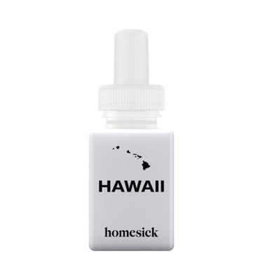 white essential oil bottle with black text and hawaii state outline