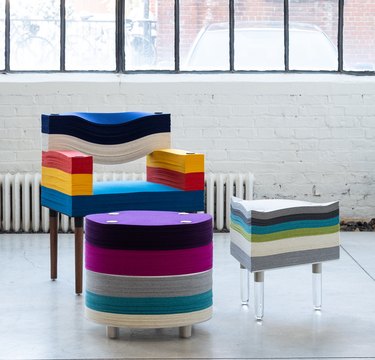 chair, ottoman, and side table made with recycled materials in bright colors