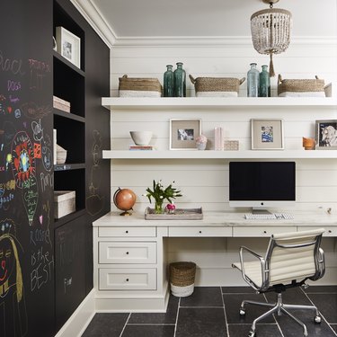 Desk Organization Ideas with Organized home office desk with drawers and open shelves