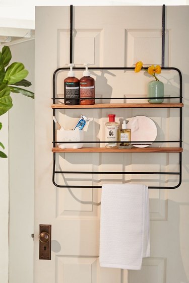 Makeup Organizer Ideas with Over the door shelves and towel rack hanger.