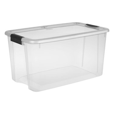 Clear plastic storage container with black handles