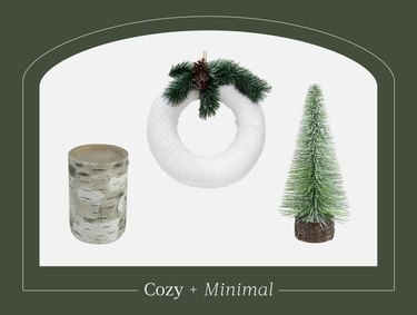 graphic of candle, wreath, and tabletop tree