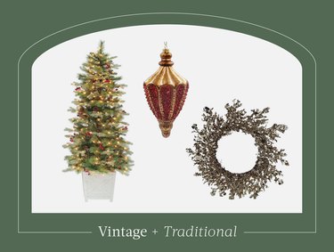 graphic of tree, ornament, and wreath