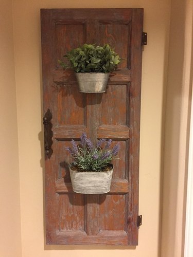 Wood cabinet door with two galvanized planters