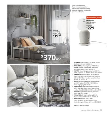 ikea catalog showing gray chaise, mug, lamp, and armchair