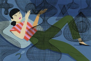 illustration of Ruth Asawa with her sculptures