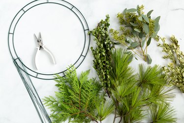 Supplies for DIY foraged holiday wreath