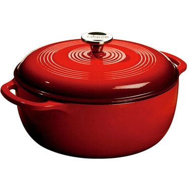 red ceramic coated cast iron cookware by Lodge