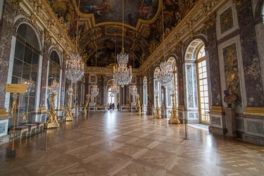 The Hall of Mirrors (Galerie des Glaces) in the Palace of Versailles in Versailles, France