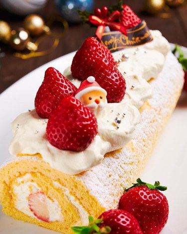 No Recipes Japanese Christmas Cake topped with whipped cream and strawberries