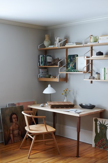 Desk Organization Ideas with Open shelving organizes a home office desk designed by Prospect Refuge Studio