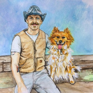 Watercolor of man with dog