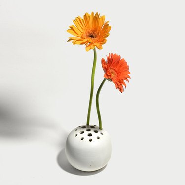 White vase with multiple holes with two daisies
