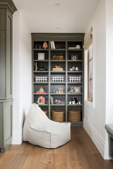 modern Playroom Organization Ideas with olive green built-in storage