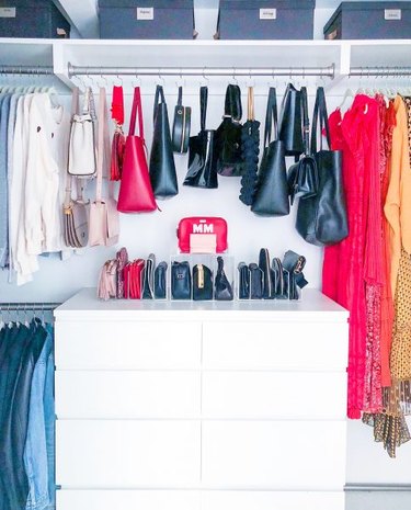 How to Organize Clothes with organized closet with purse holders