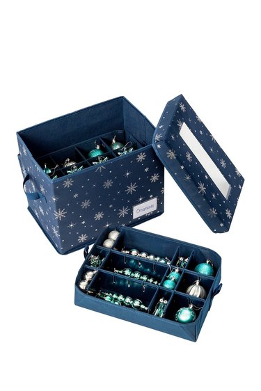 Blue ornament storage box with snowflake pattern