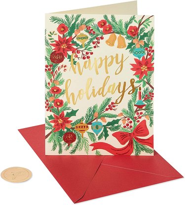 Papyrus Happy Holidays Cards with red and green illustrations