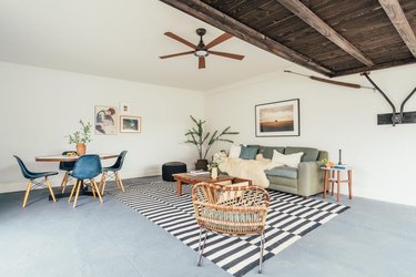 Garage Ideas in minimal garage with white walls, concrete flooring and modern furniture