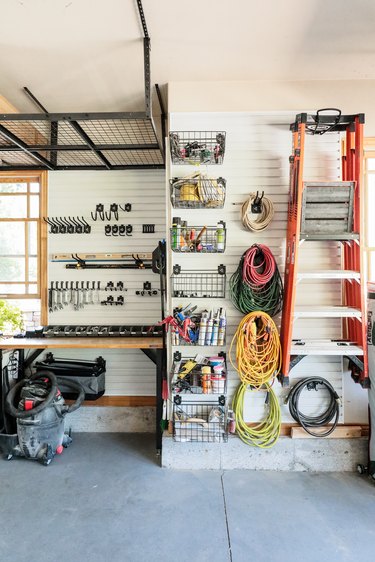 DIY garage organization idea with elements hanging from the walls