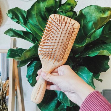 bamboo hairbrush being held in front of green plant