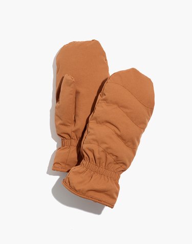 orange quilted Madewell x Buffy mittens set