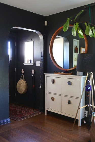 entryway shoe storage with white IKEA cabinet with geode pulls