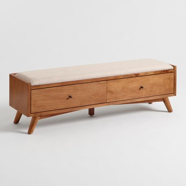 midcentury bedroom storage bench with cushioned top