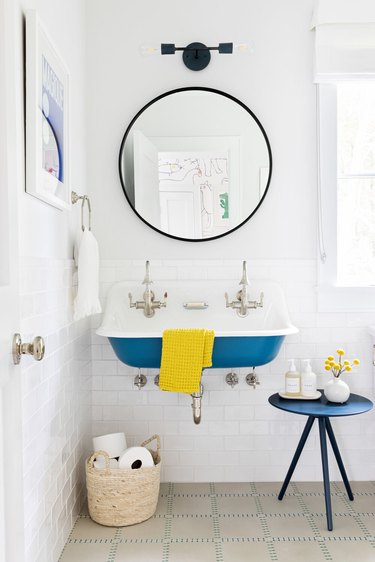 white bathroom with blue Farmhouse Bathroom Sink