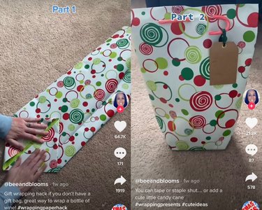 tiktok screenshot showing user making a gift bag out of wrapping paper