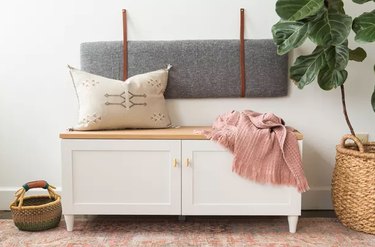 IKEA cabinet into a modern storage bench with a padded hanging backrest