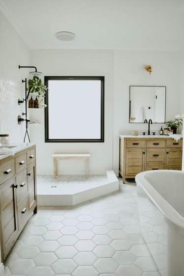 Industrial bathroom with white open shower and black shower fixtures