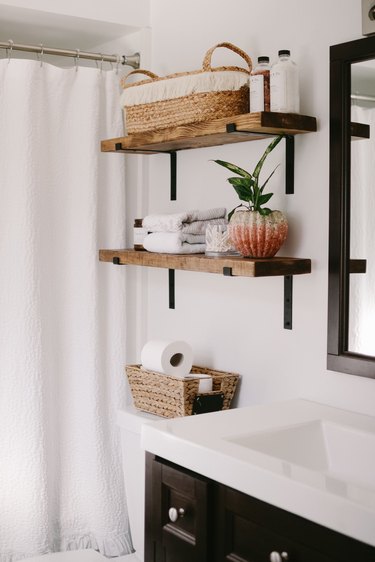 Industrial Bathroom Storage with open wooden industrial shelves