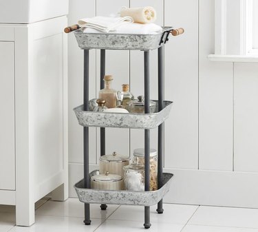 Shabby Chic Bathroom Storage with 3 tiered metal bathroom storage shelf.