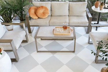 Painted white and grey checkerboard floor