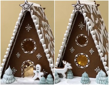 the royal family gingerbread house with meringue trees and lights