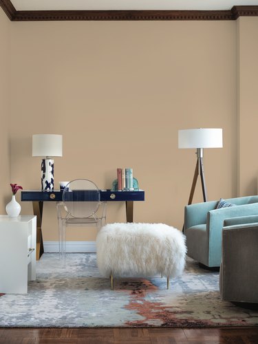 ppg paints color of the year transcend in office with desk, tripod lamp, and armchair