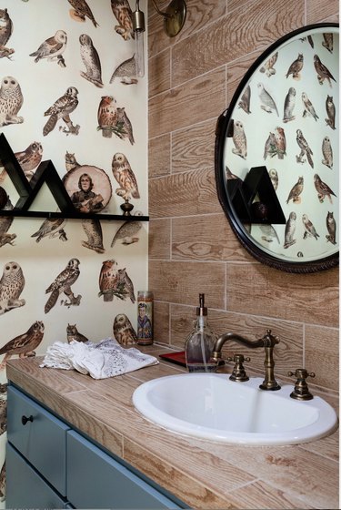 nature-inspired small bathroom wallpaper with owls