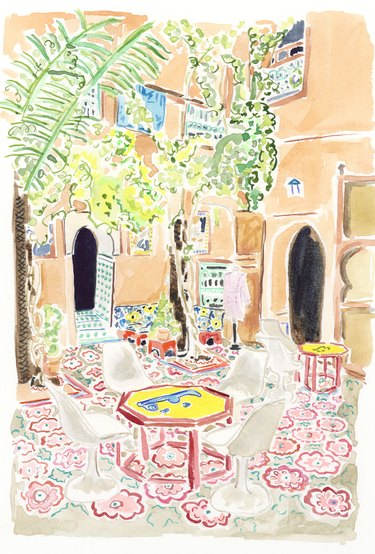 illustration of a courtyard with trees