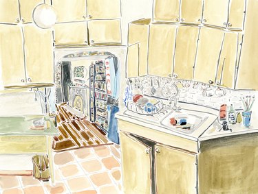 illustration of a kitchen with yellow cabinets