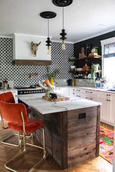 vintage and modern kitchen with reclaimed wood island