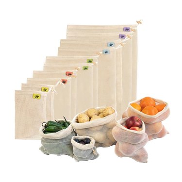 Net Zero Co. 10-Pack Cotton Mesh Reusable Produce Bags with fruits and vegetables