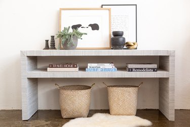 console table covered in removable wallpaper