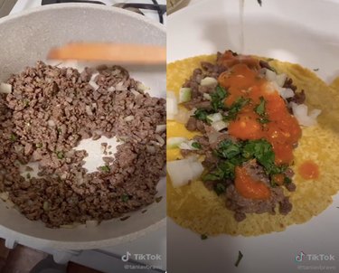 screenshots of tiktok video of person making tacos