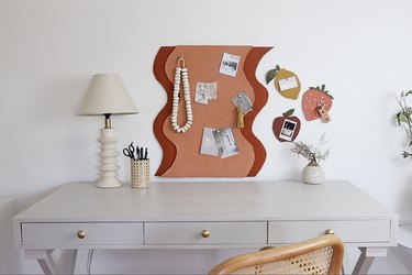 DIY wavy line cork bulletin board and fruit shape bulletin boards above desk