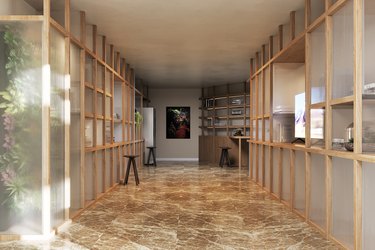 room with beige floor and wood and screened walls in virtual project Obsidian Concept House